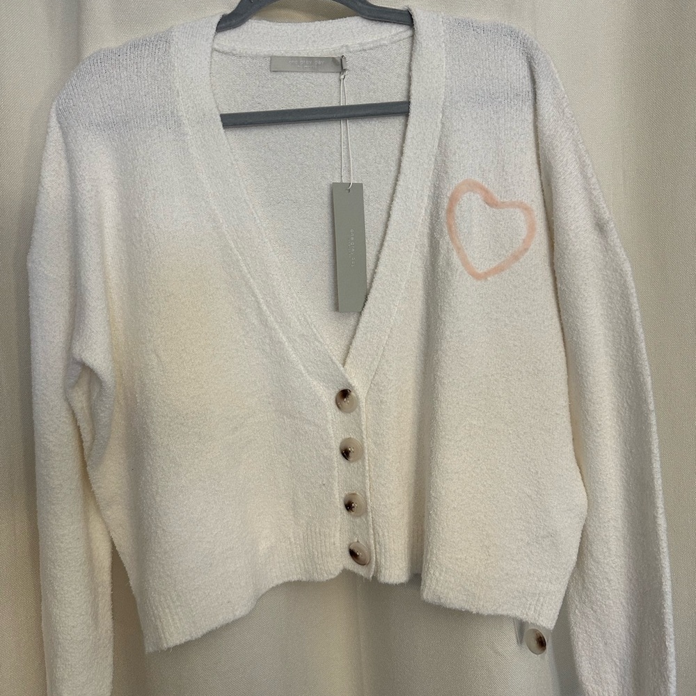 One Grey day oversized crop cardigan.  Unique heart on front, rainbow on back